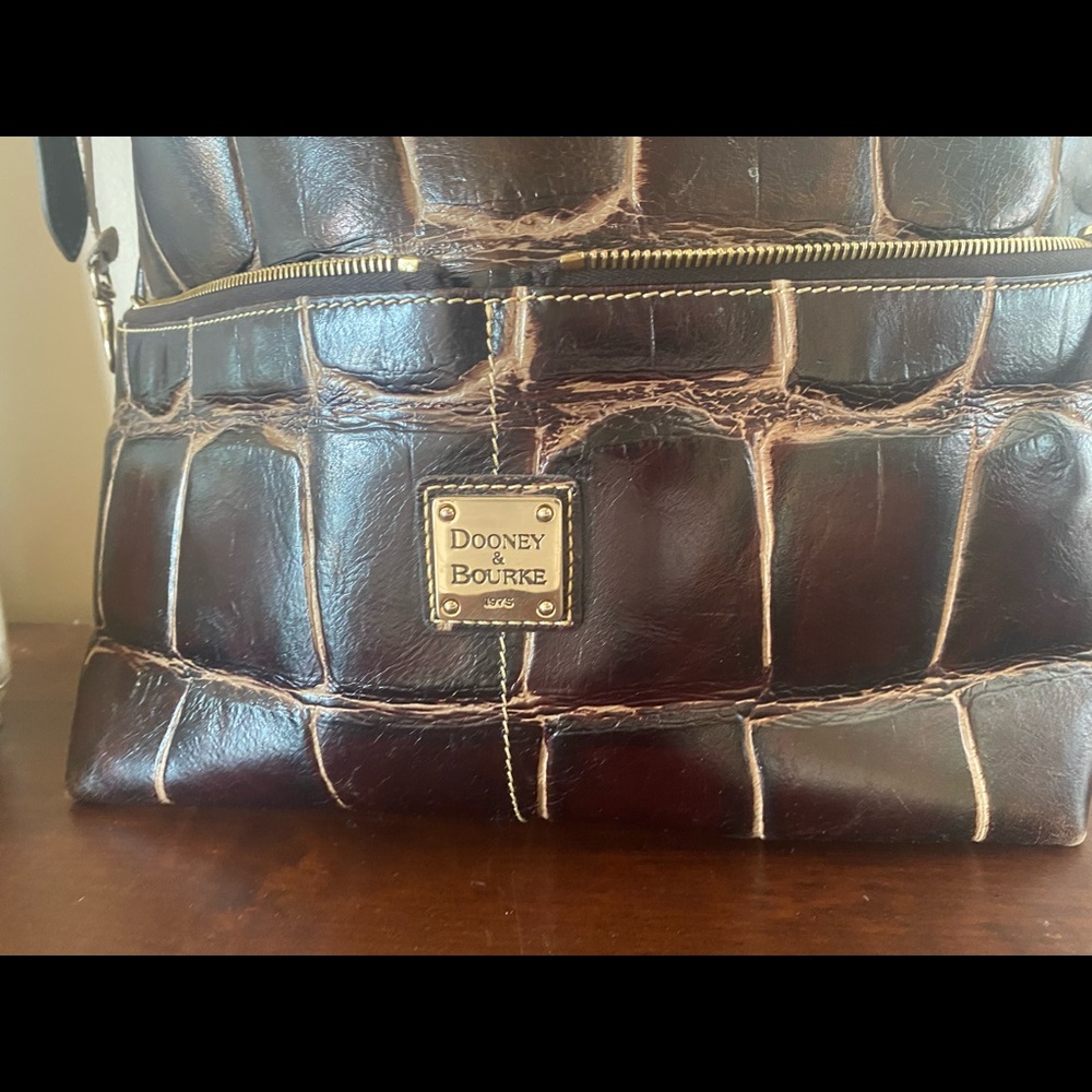 Dooney & Bourke Brown Croc-Embossed Leather Shoulder Bag - Picture 3 of 6